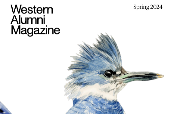 Below the Western Alumni Magazine masthead, an illustration of a blue bird.
