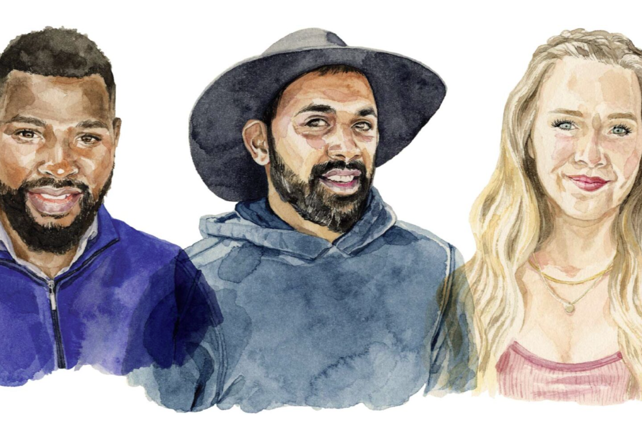 A series of three illustrations of Western PhD students. The first is a man wearing a blue zip-up jacket, the second a man wearing a gray sweatshirt and wide-brimmed hat, and the third a woman wearing a white cardigan and pink shirt.