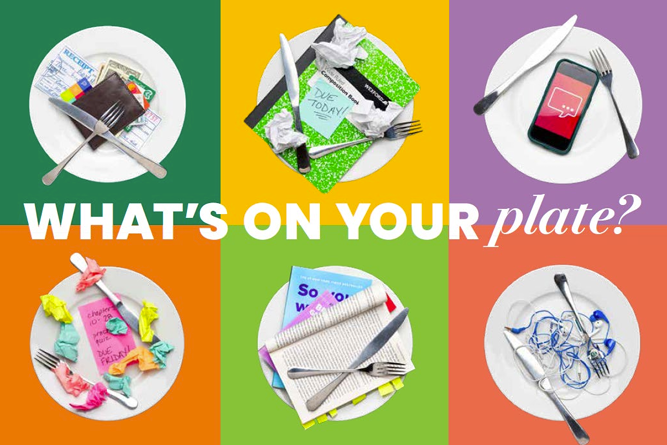 A 3x2 grid of colored squares, each with a white plate at their center. On the plates rest utensils alongside various items, including wired headphones, a book, a phone, crumpled papers, and a wallet.