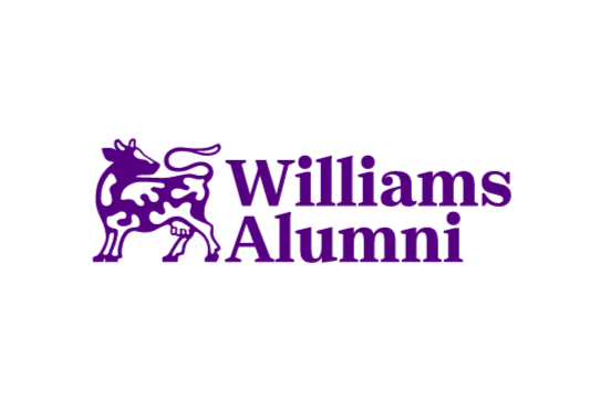 In purple color, the words "Williams Alumni" and an illustration of a spotted cow.
