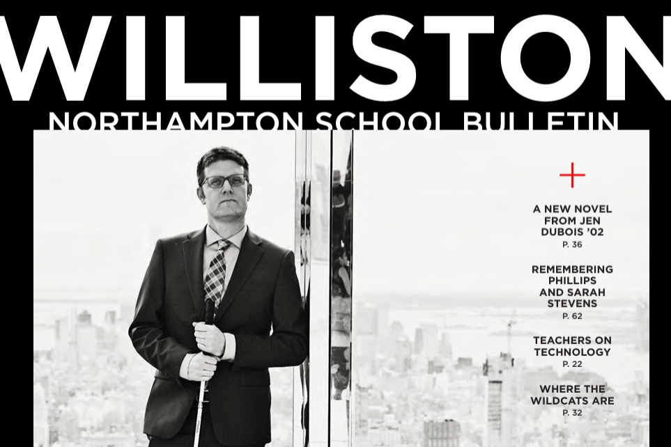 The Williston Northampton School Bulletin masthead above a black and white photo of a man leaning against a glass window in a skyscraper holding a mobility cane.