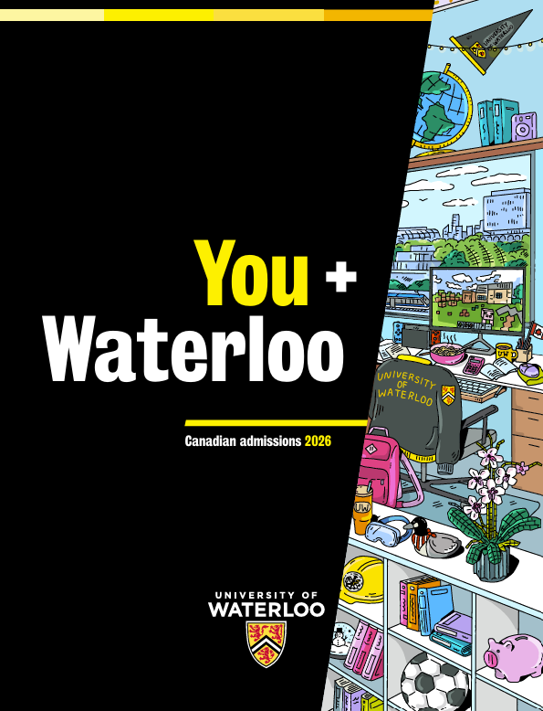 The cover for the You+Waterloo viewbook features an illustration of a college dorm room in bright pastel colors.