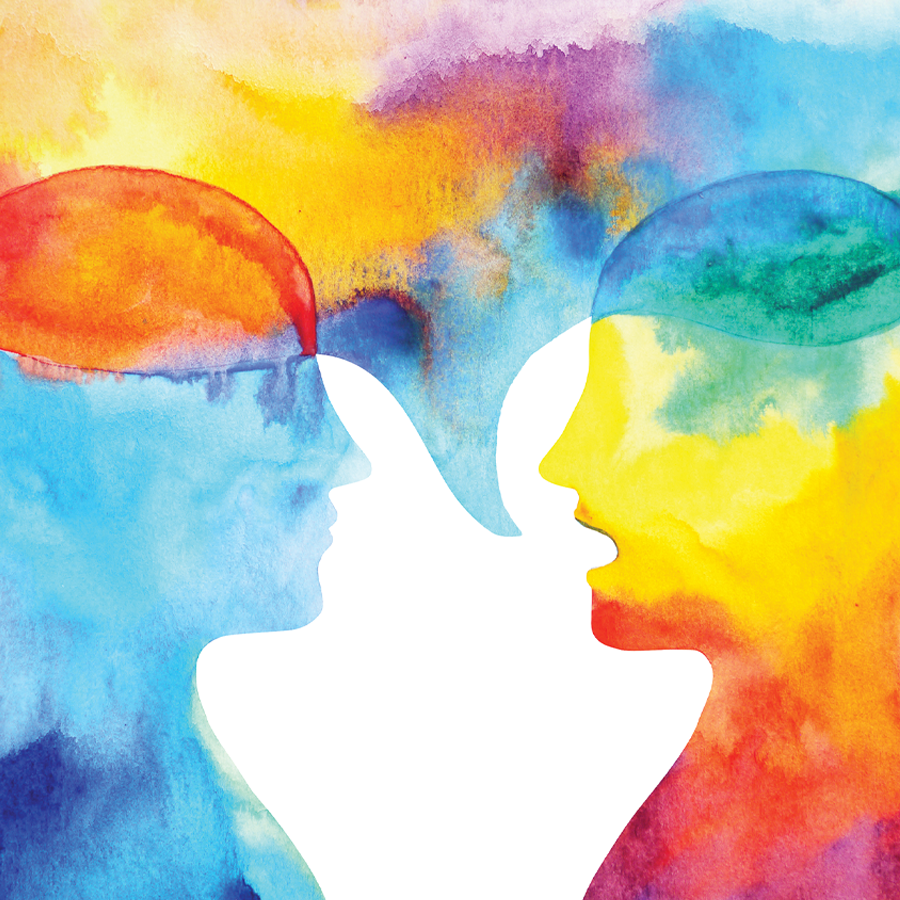 Rainbow colored heads speaking with each other