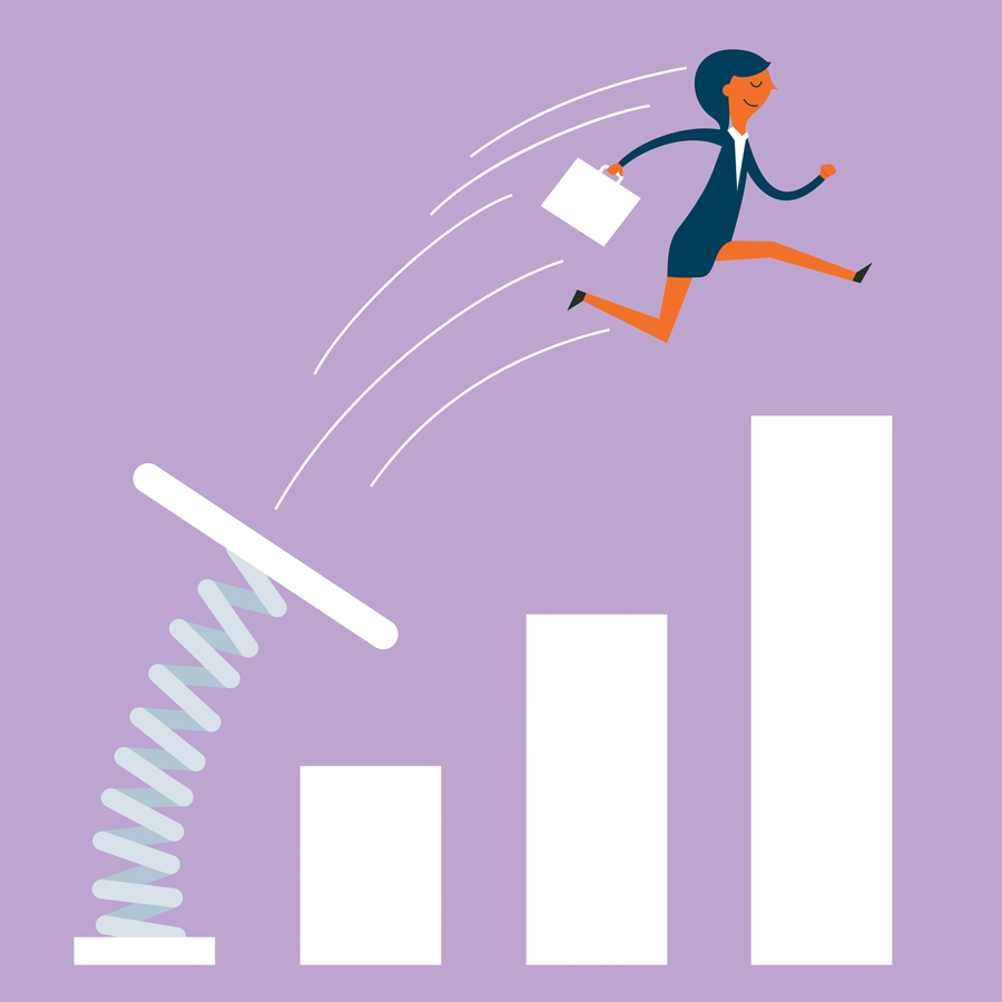 Woman in business suit bouncing over a bar graph