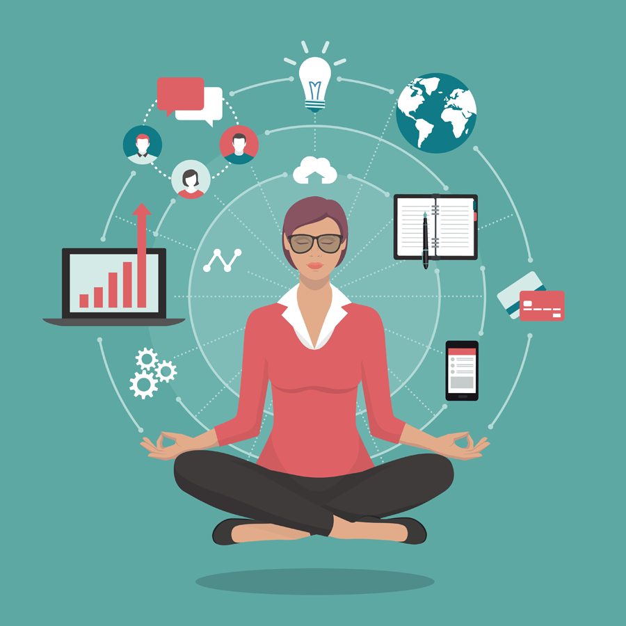 Meditating person surrounded by stressful work symbols