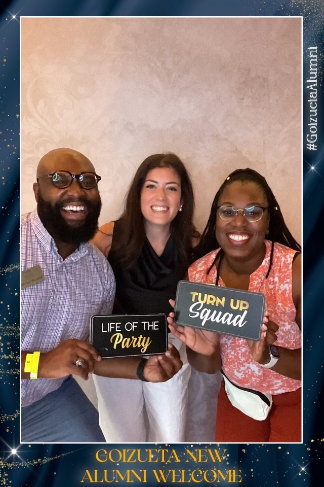 Photo booth image from Goizueta's New Alumni Welcome event of alumna Jessica Lewis, former Assistant Director of Alumni Engagement Tifaney Millwood, and another Goizueta alumni staff member.