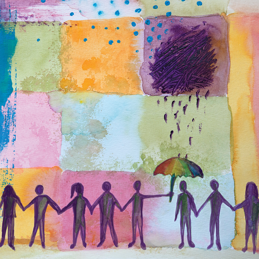 Illustration of a group of people, with one holding a rainbow-colored umbrella protecting another person from a singular raincloud