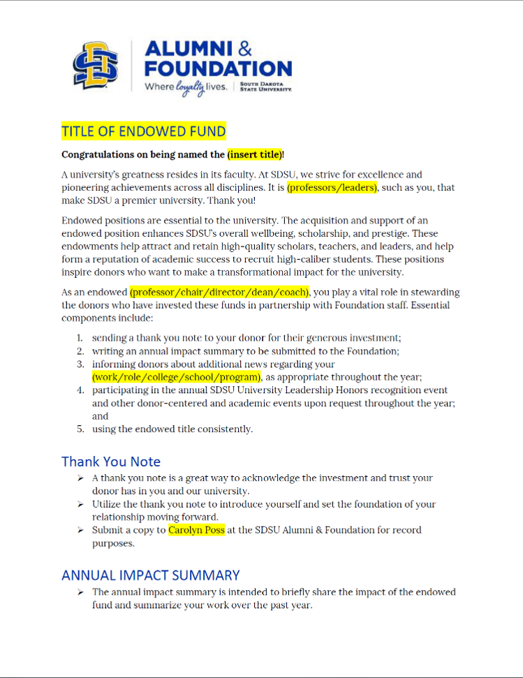 Screenshot of resource packet materials from South Dakota State University Alumni & Foundation