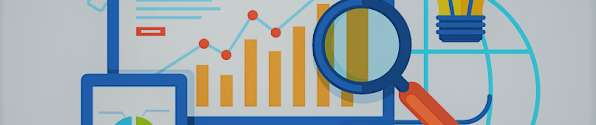 Illustration of the tools for data analysis: a computer, data, graphs, charts