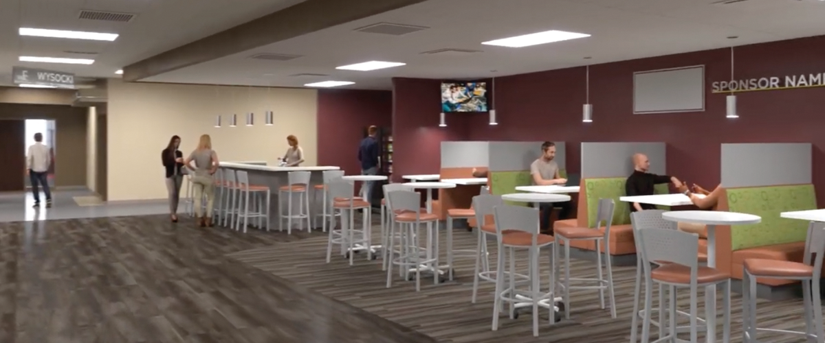 A rendering of a lounge and study area within the Mid-State Technical College AMETA Center.