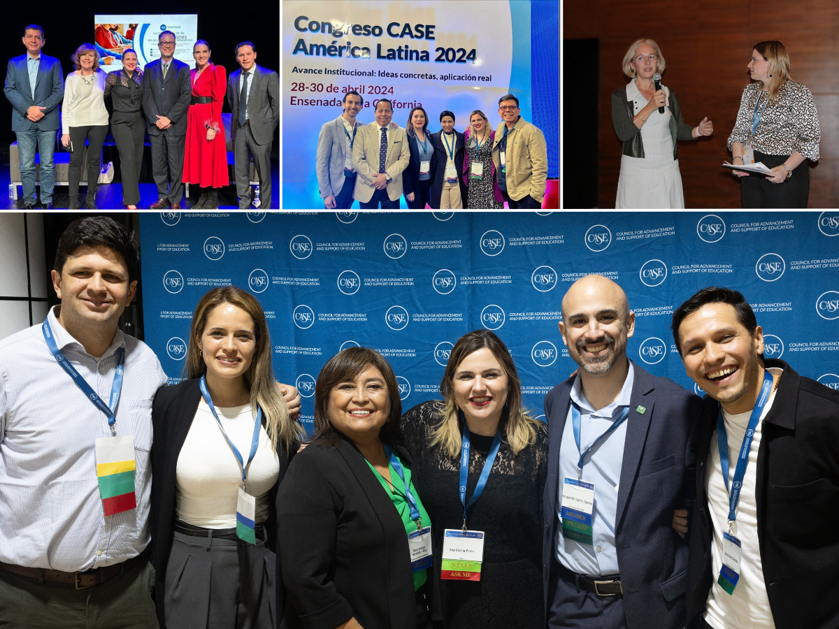 Four photos of Ana Cecilia Puron Brown at CASE conferences, including speaking with CASE President and CEO Sue Cunningham