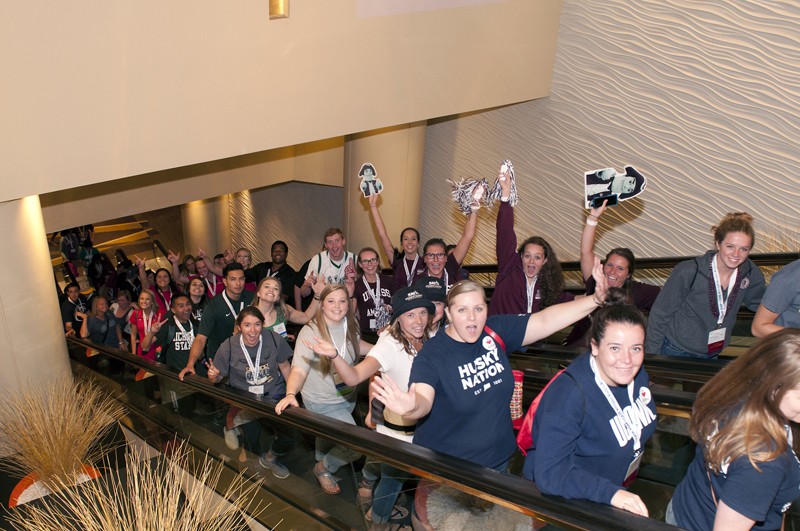 students on escalator