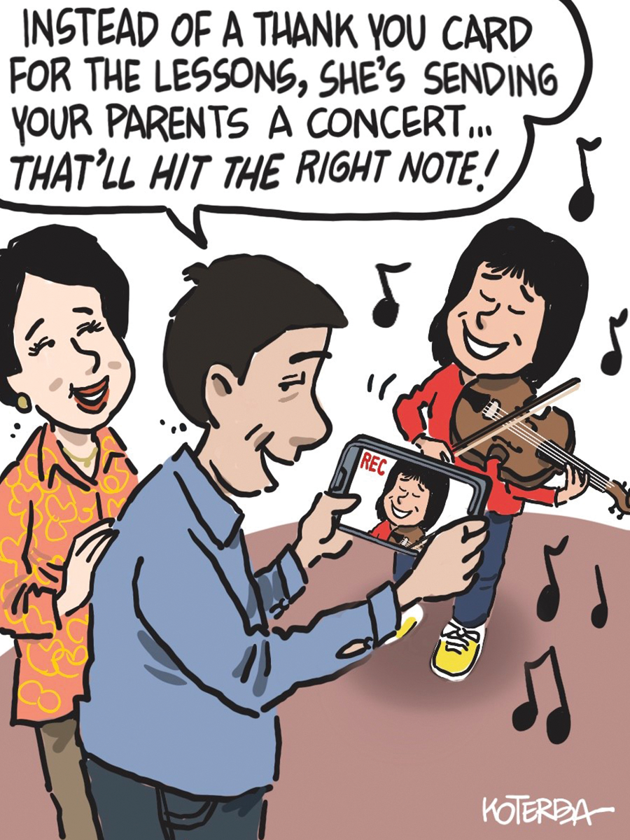 Cartoon of student livestreaming a concert to her parents