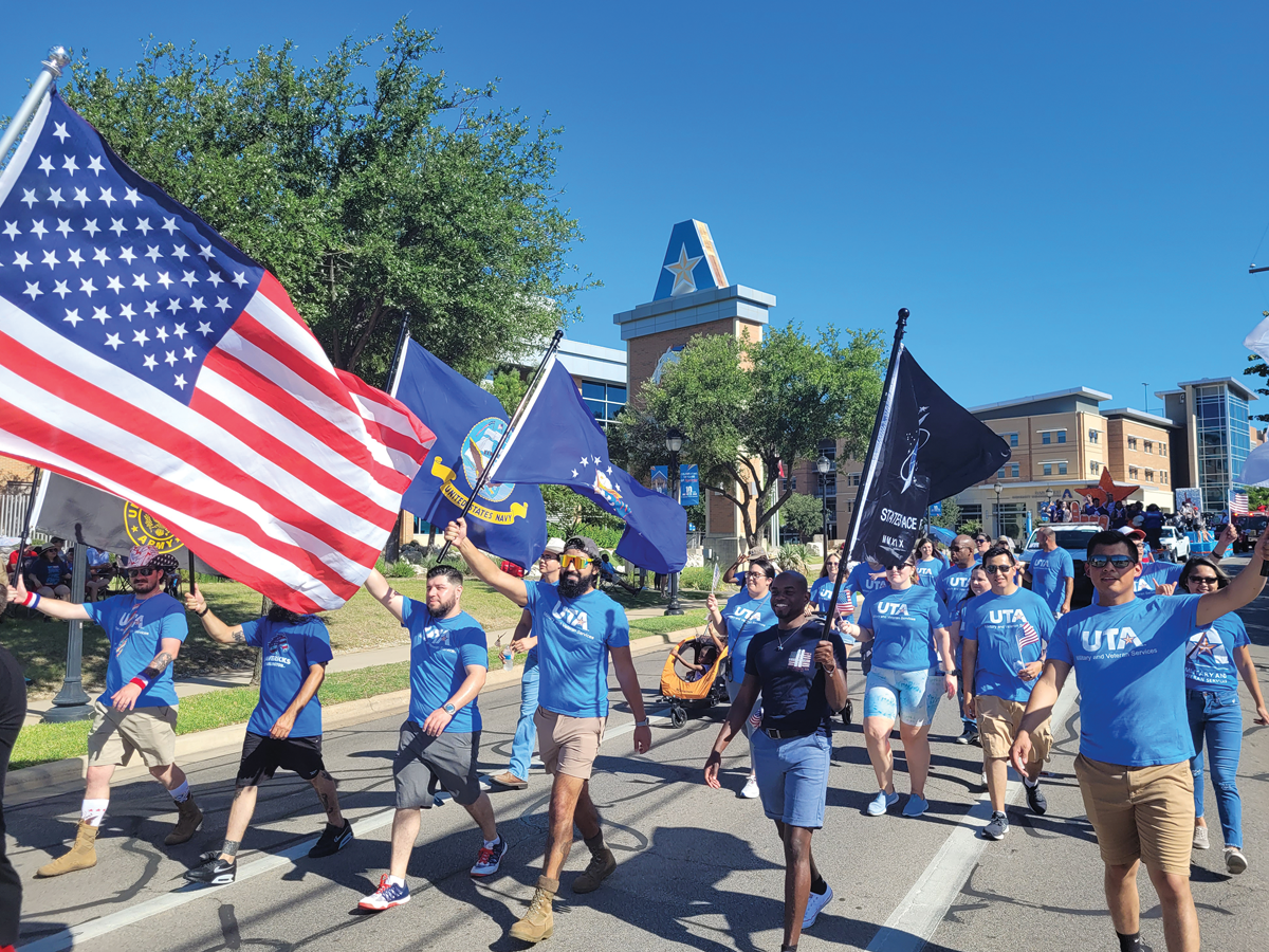 Military students march at the University of Texas at Arlington