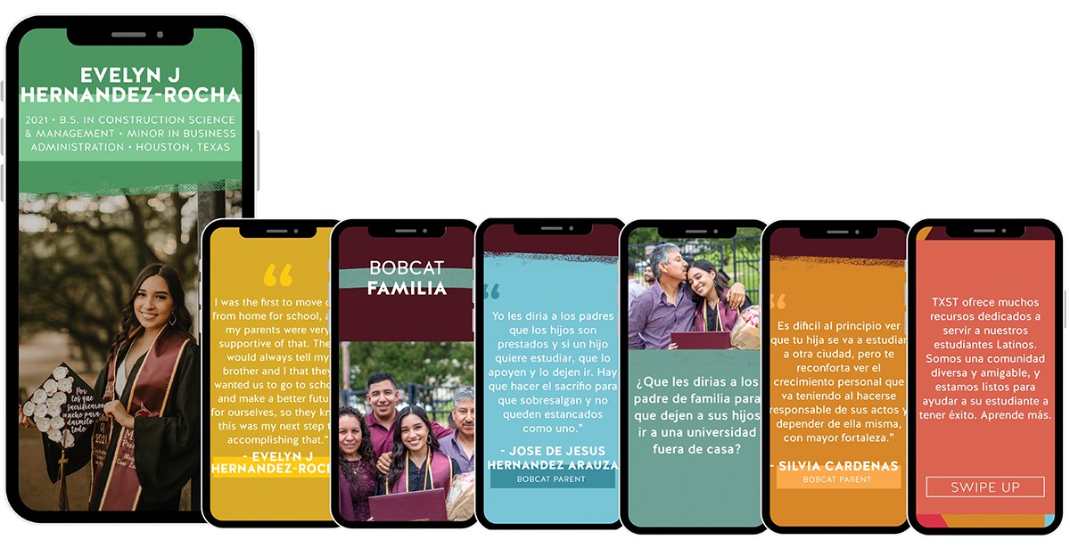 Texas State University Spanish Requirement Campaign examples displayed on smart phones