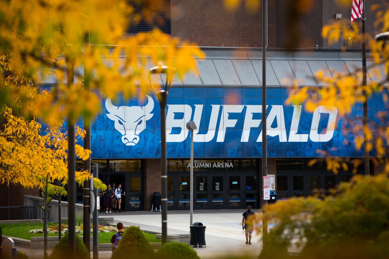 University at Buffalo's campus with fall leaves