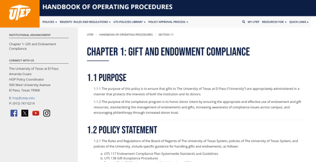 Screenshot of handbook from University of Texas at El Paso