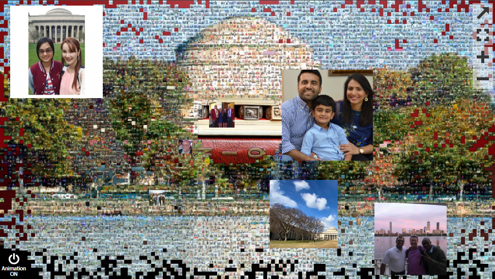 This is a photo mosiac. The overall image is of the MIT dome on its campus. It is made up of hundrds of smaller pictures of MIT students, families, and staff.