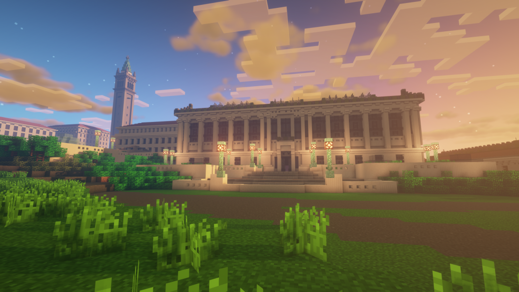 screenshot of a minecraft campus building from Cal State Berkeley's Blockeley University