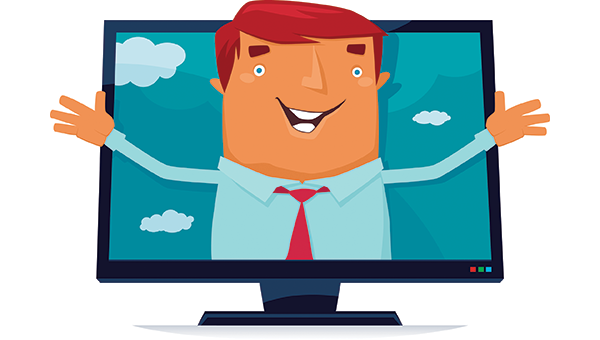 Illustration of man coming out of a computer monitor