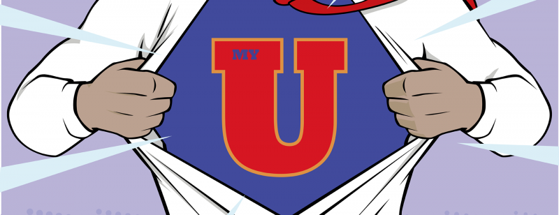 cartoon of man's shirt ripped open to show "My U" on costume underneath