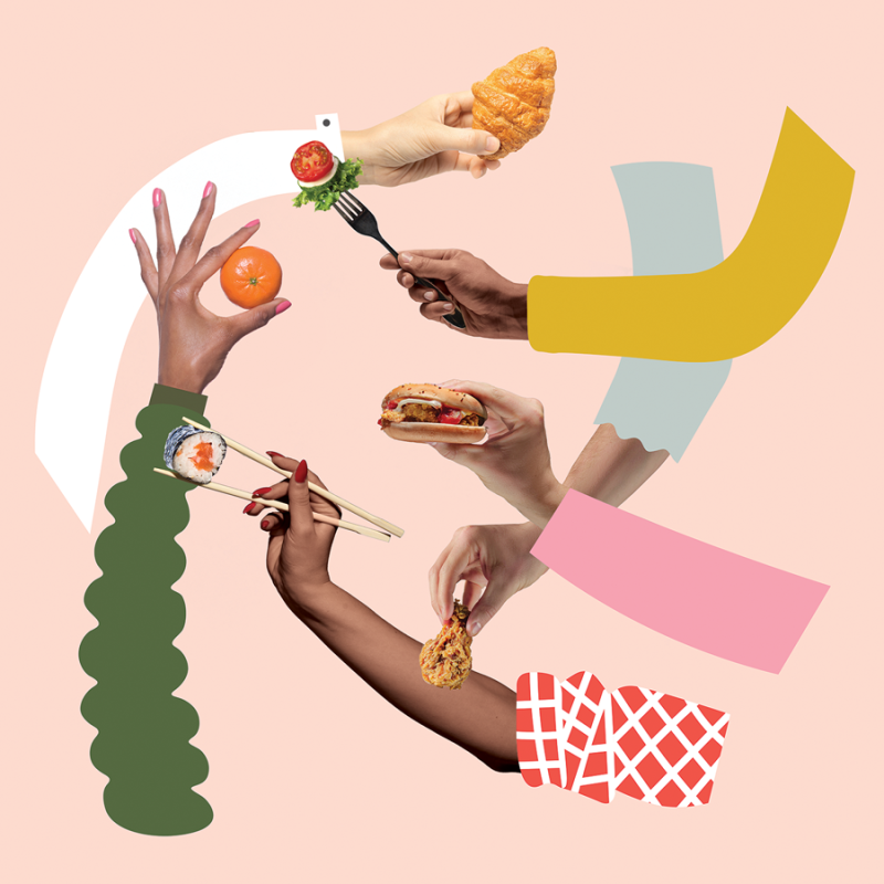 Illustration of five hands holding various food and drink items, like a croissant and an orange