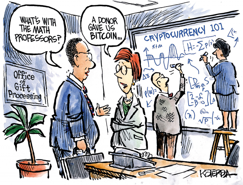 "What's with the math professors?" "A donor gave us Bitcoin."