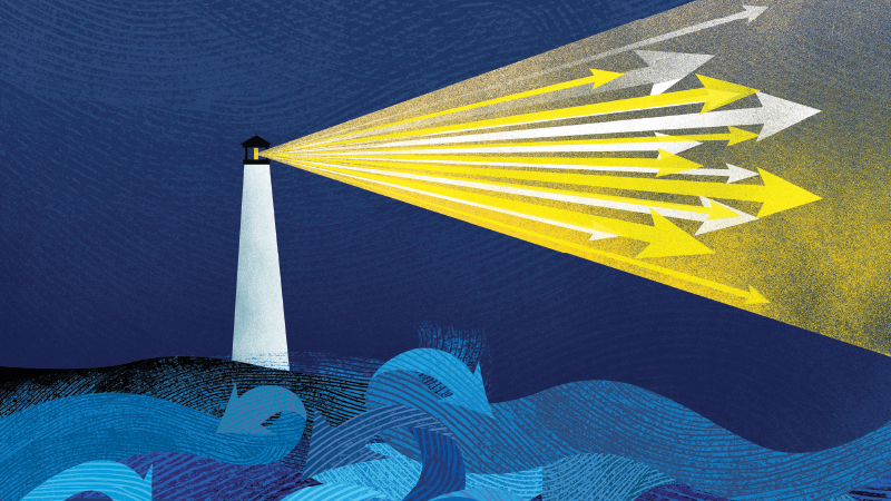 Illustration of an illuminating lighthouse in a turbulent sea