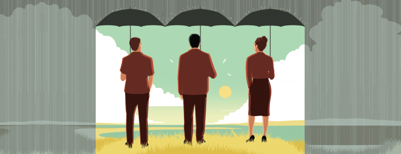 CARTOON: Rain parted at center with three people holding umbrellas