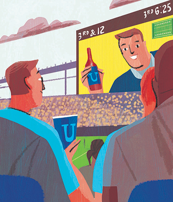 Cartoon of man at game drinking and watching beer ad on scoreboard