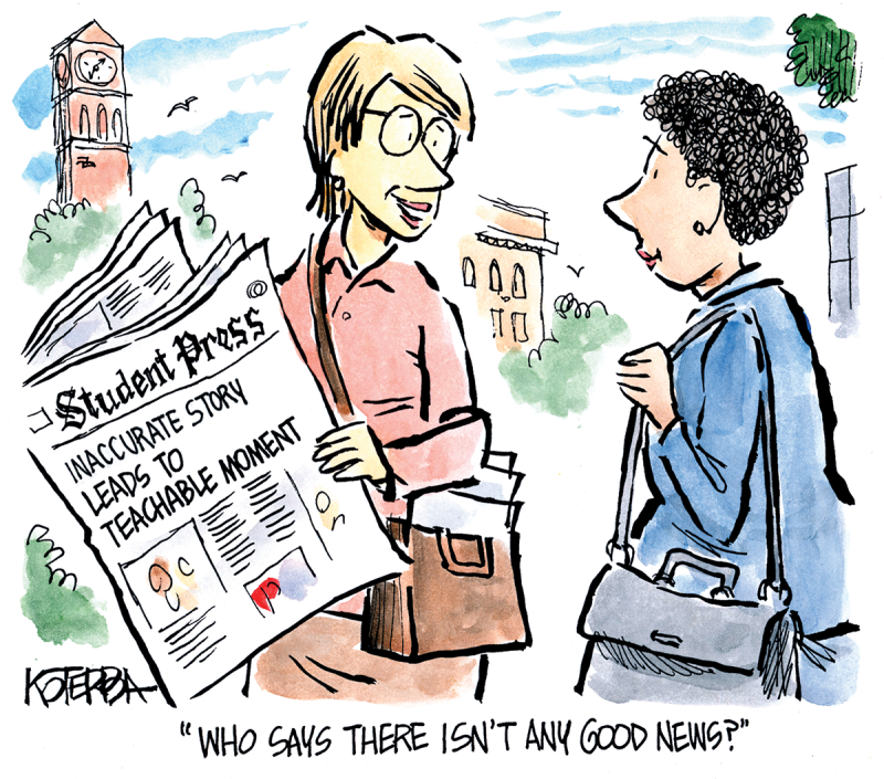 Student Paper with headline "Inaccurate sotry leads to teachable moment" reader to another "Who says there isn't any good news?"