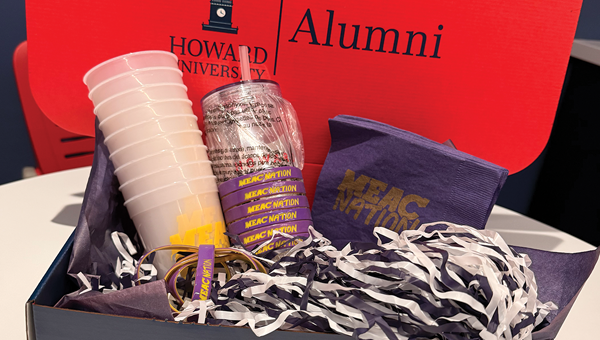 Howard University Bison Box containing branded cups, decorations, and other Howard-themed materials