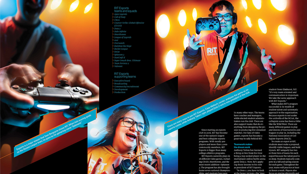 An inside spread of RIT University Magazine. It shows the images of three people bathed in blue and orange light, two with video game controllers, and one with a studio-grade microphone.