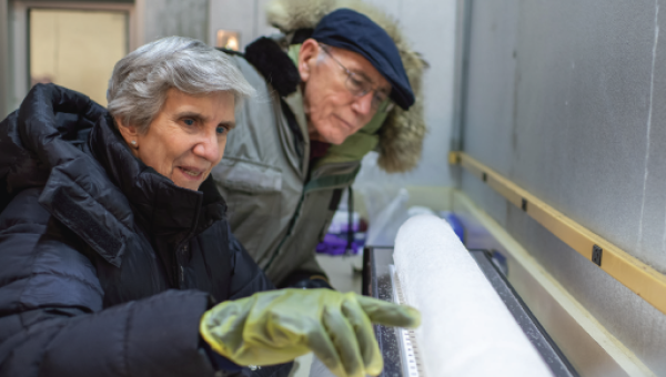 Ohio State University researchers examine an ice core