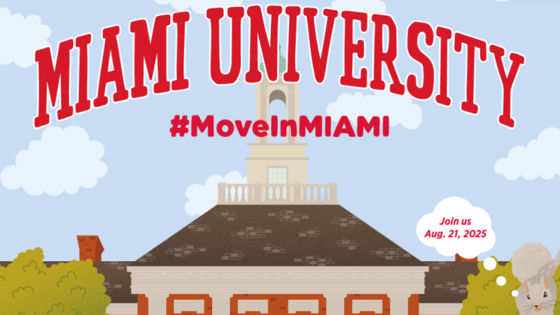 An illustration depicts a campus building, a blue cloudy sky, and a squirrel with the speech bubble, "Join us Aug. 21, 2025."