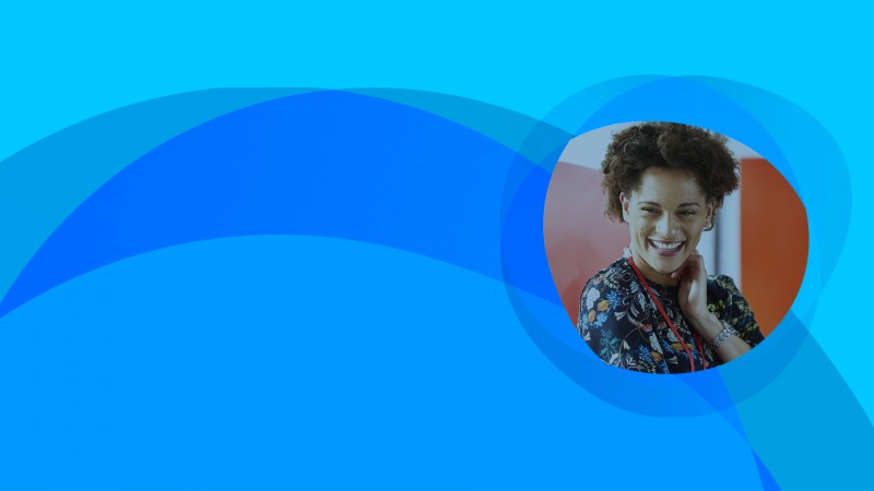 Blue background with smiling woman
