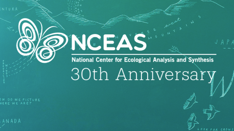 The cover for University of California, Santa Barbara's National Center for Ecological Analysis and Synthesis 30th Anniversary Report features a teal background and white aquatic line art.