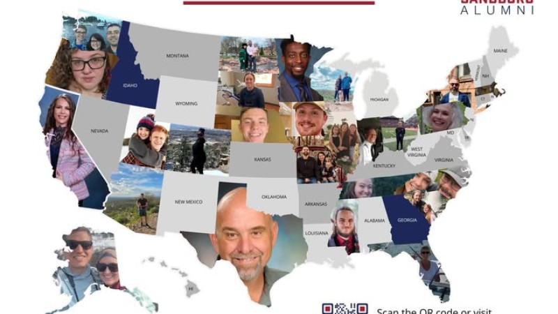 A map of the U.S. with faces of Carl Sandburg College alumni filling the shapes of some of the states.