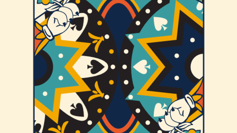 A playing card-style illustration in green and blue colors features a tiger head.
