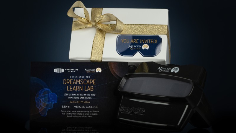 A photo of the white box tied with gold ribbon that Merced's invitation to Dreamscape Live (also pictured) and a black, branded ViewMaster (also pictured) were delivered in.