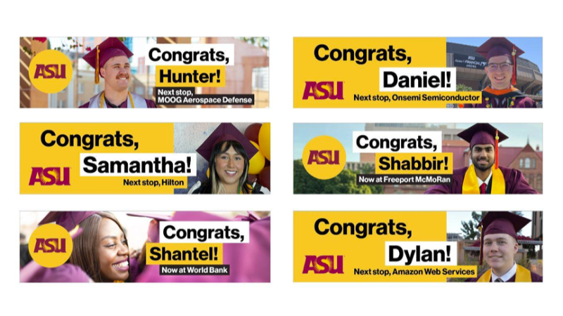 A series of six advertisements displaying photos of ASU graduates alongside the message "Congrats!"