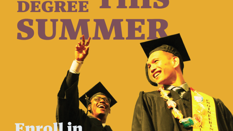 An ad for Cal State Summer Session features a yellow tinted photo of two students in black graduation robes.