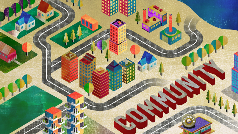 An illustration shows a city on the water with a donut shop in the bottom right corner. The word community is seen in the bottom right corner above the donut shop.