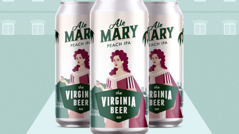 The Ale Mary beer can features a green- and pink-colored design. A woman stands holding a peach above the words "the Virginia Beer."