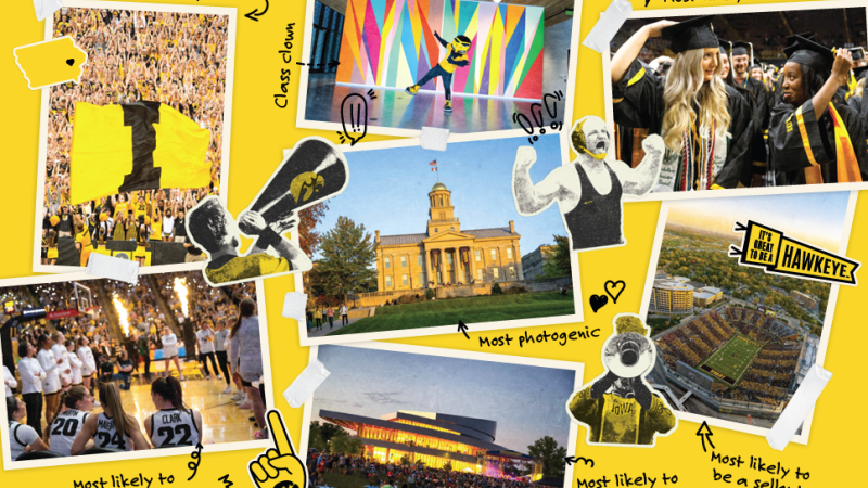 An Iowa postcard shows a collage of photos taken across campus including the football stadium, a campus building, and a women's basketball game.