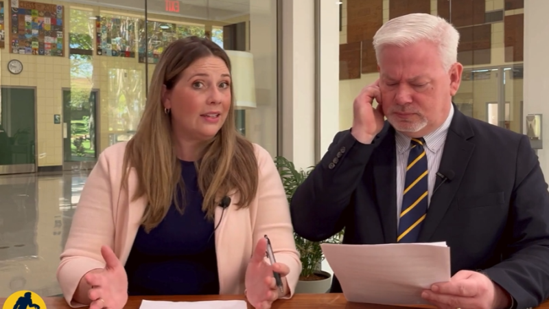 A pair of staff at The Webb School are dressed as news anchors and deliver "breaking news" to camera.
