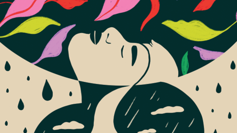 Illustration of a face rising out of the ground, pink, red, yellow, purple, and green flowers hanging over them.