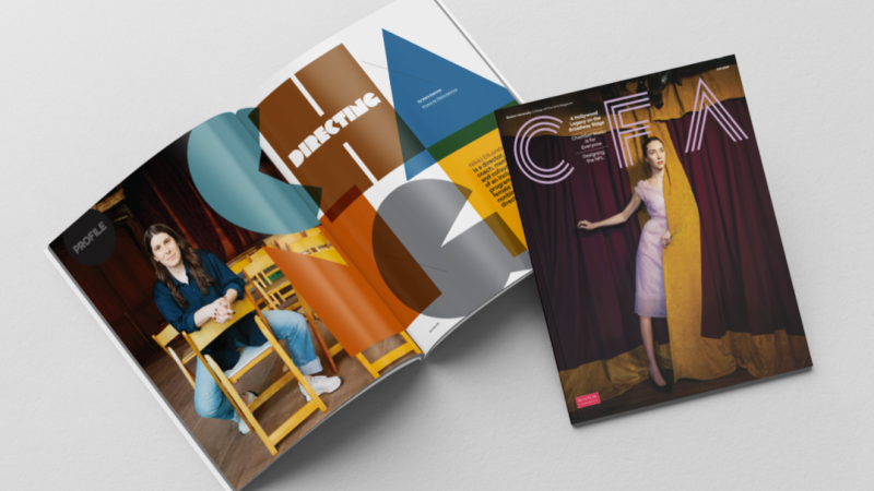 A photo of two copies of the Fall 2025 issue of CFA Magazine. One is open to an inside spread that features a headline in big block multicolored letters. The other shows the cover--a photo of a woman standing between two closed stage curtains.