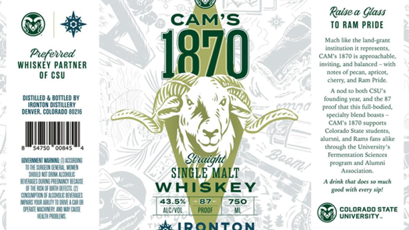 Label for CAM's 1870, a straight single malt whiskey. The label is green and white in color and shows a ram.