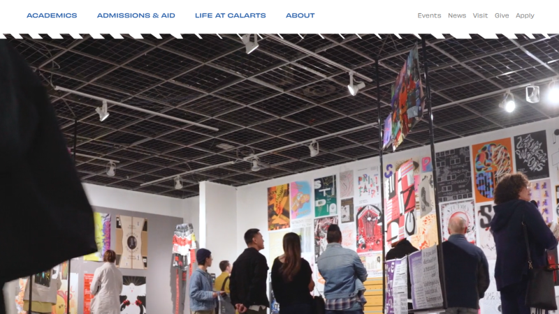 A screenshot of Calarts's website shows a photo of people looking at modern art handing on the walls of an exhibit.